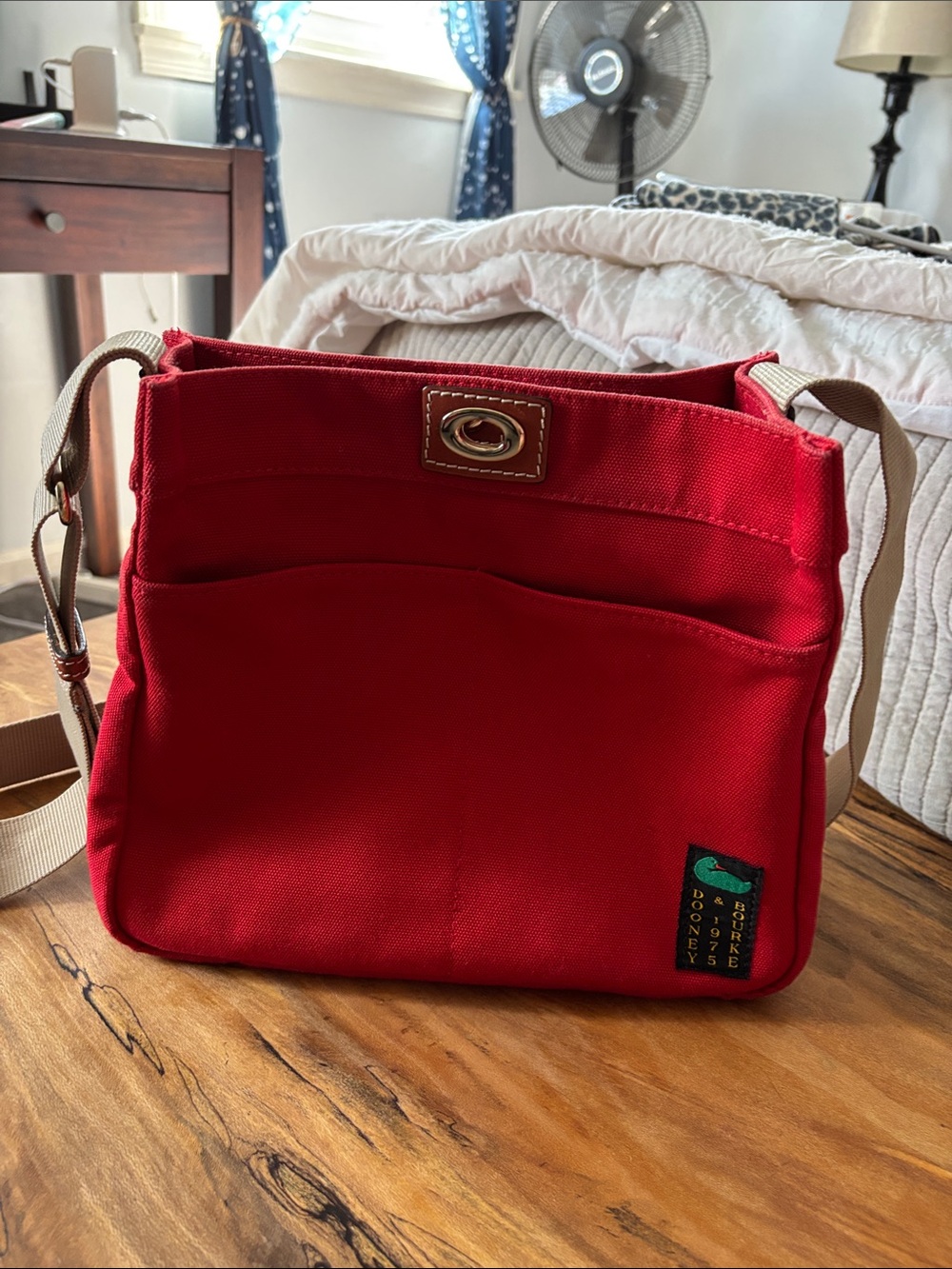 Dooney & Bourke Red Canvas Crossbody with Tan Strap - Picture 3 of 9